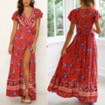 Womens Wrap Style V Neck Floral Maxi Dress - Image 3