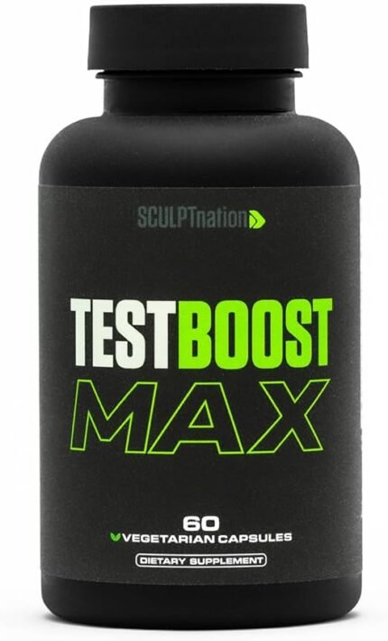 Test Boost Max testosterone supplement for men bottle with 60 vegetarian capsules by SculptNation