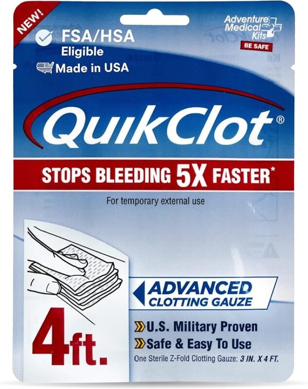 Adventure Medical Kits QuikClot gauze 3x48 long hemostatic emergency bandage for bleeding control and first aid survival kit on clean background