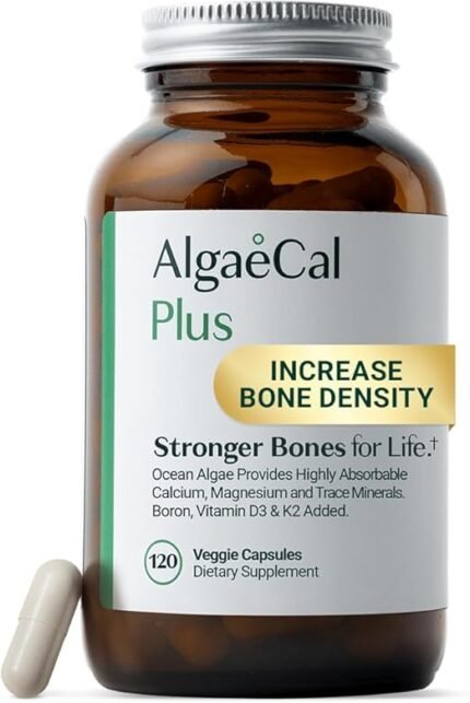 AlgaeCal Plus calcium supplement bottle with 120 veggie capsules for bone health support